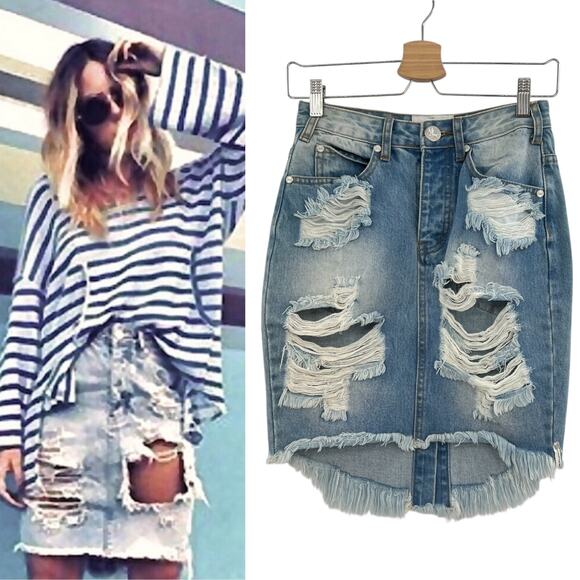 One Teaspoon 2020‎ Denim Skirt Distressed High Waist Superfitted Size 25 - Picture 1 of 15